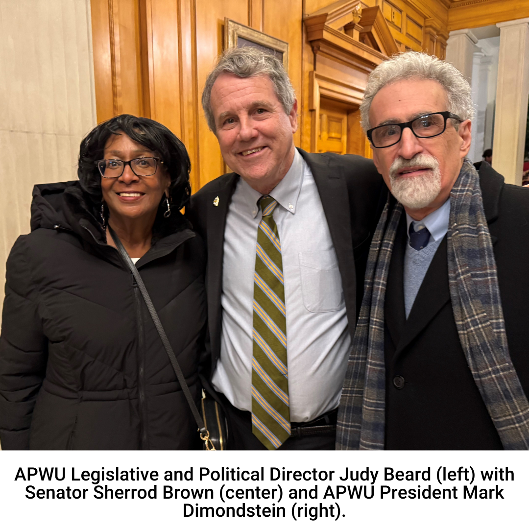 APWU Legislative and Political Director Judy Beard, Senator Sherrod Brown, and APWU Pres. Mark Dimondstein