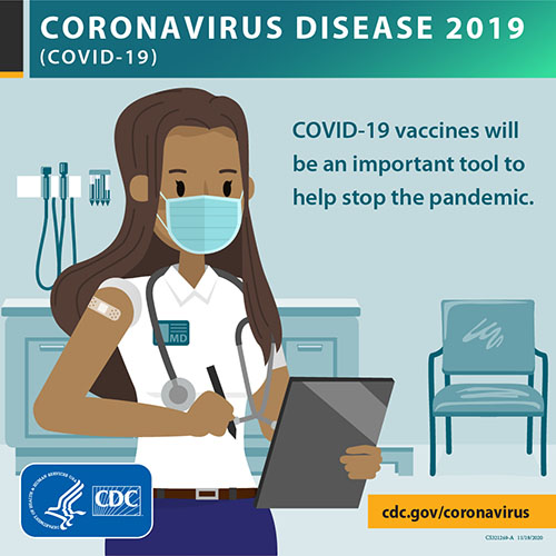 CDC cartoon of doctor with a bandaid on her arm and a checklist. Coronavirus disease 2019 - COVID-19 vaccines will be an important tool to help stop the pandemic.