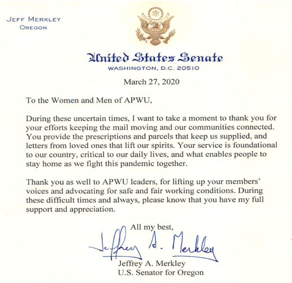 I Want To Take A Moment To Thank You Oregon Senator Jeffrey Merkley American Postal Workers Union