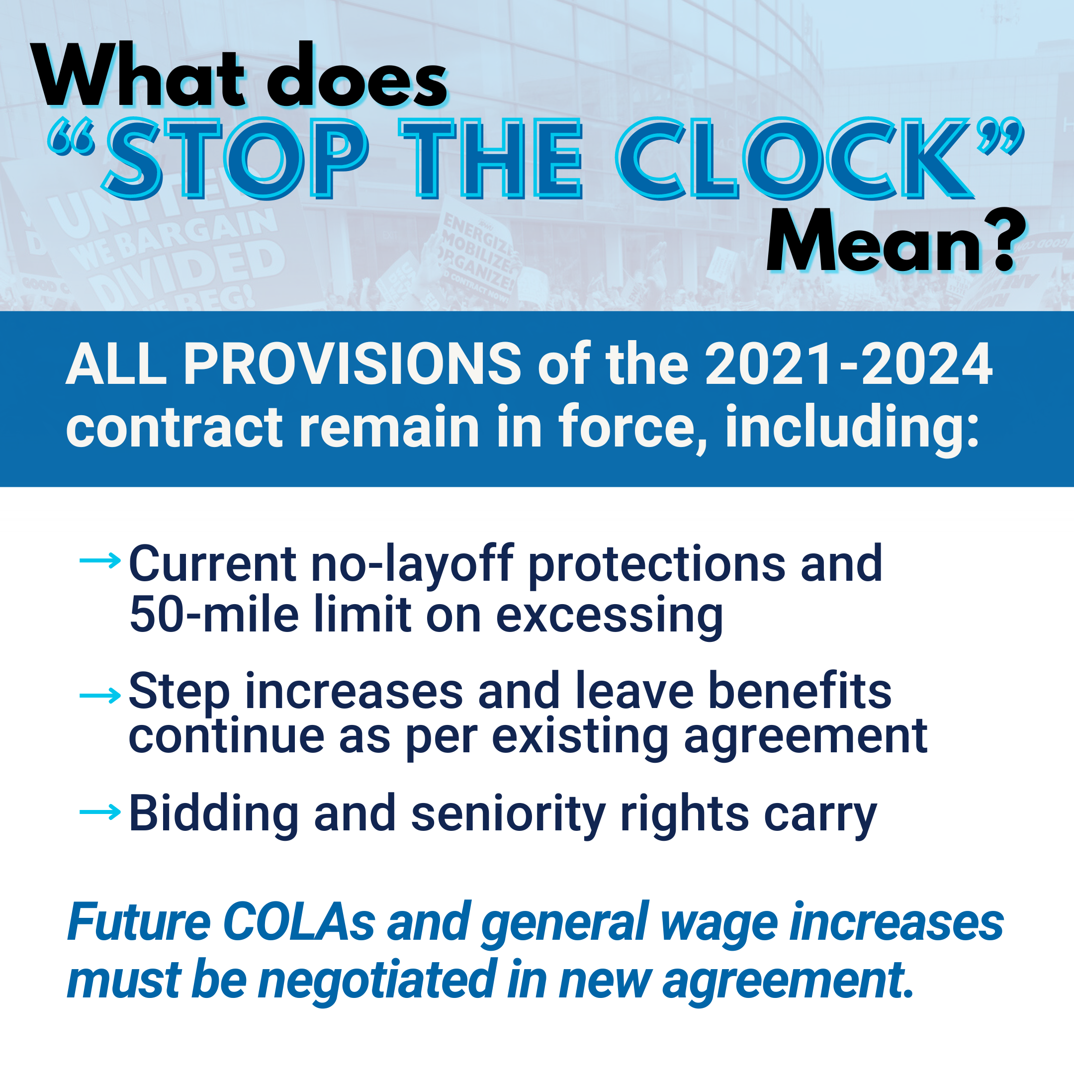 What does stop the clock mean? All provisions of the 2021-2024 contract remain in force, including: Current no-layoff protections and 50-mile limit on excessing   Step increases and leave benefits continue as per existing agreement; Bidding and seniority.