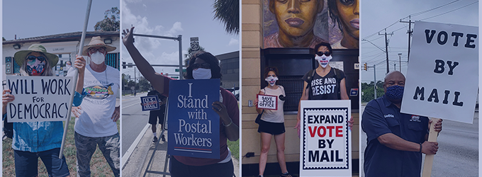 APWU members holding vote by mail signs