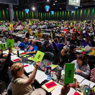 Delegates hold up green cards that say "aye"